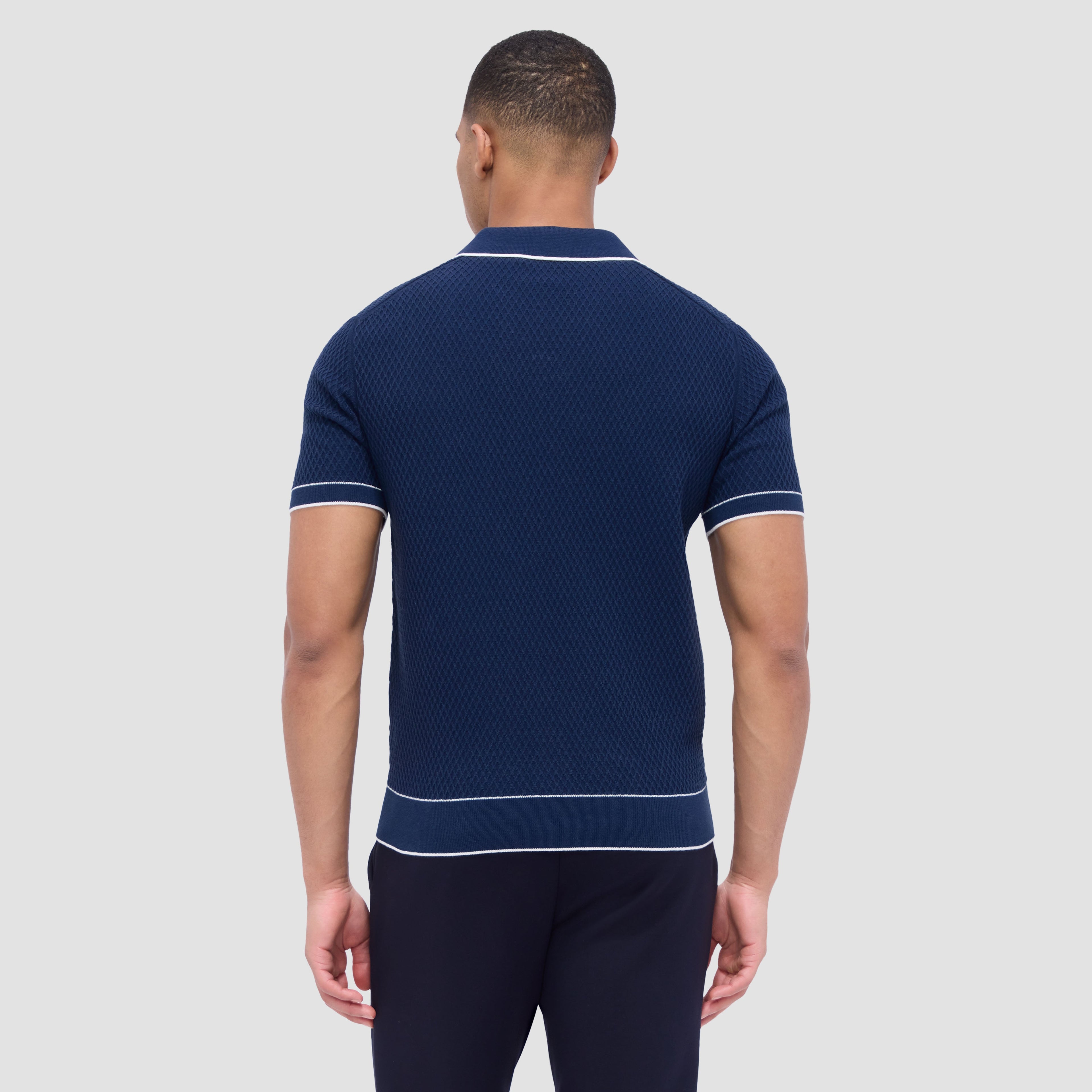Honeycomb Stitch Short-Sleeved Johnny Collar Sweater