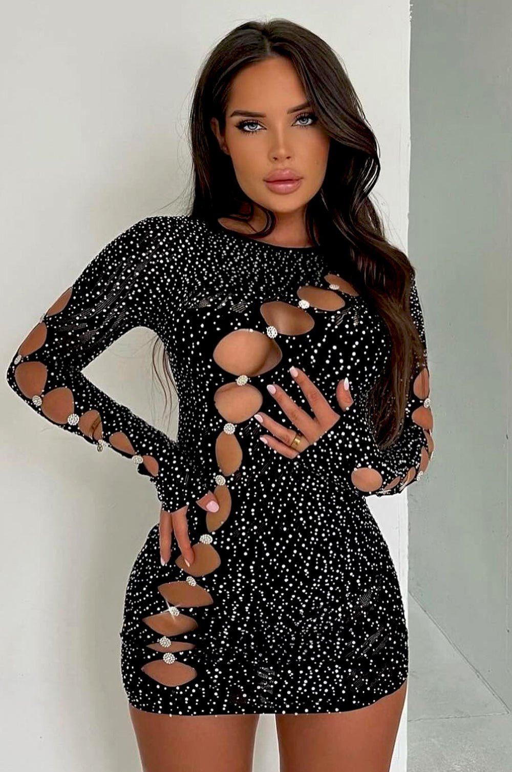 Black Rhinestone Studded Cut Out Long Sleeve Seamless Dress