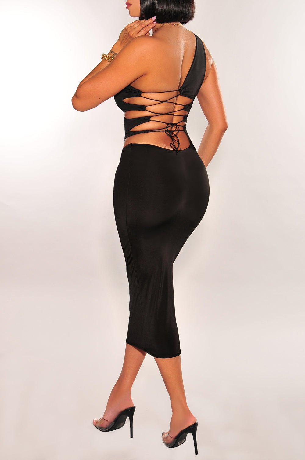 Black Silky One Shoulder Laced Up Back Dress