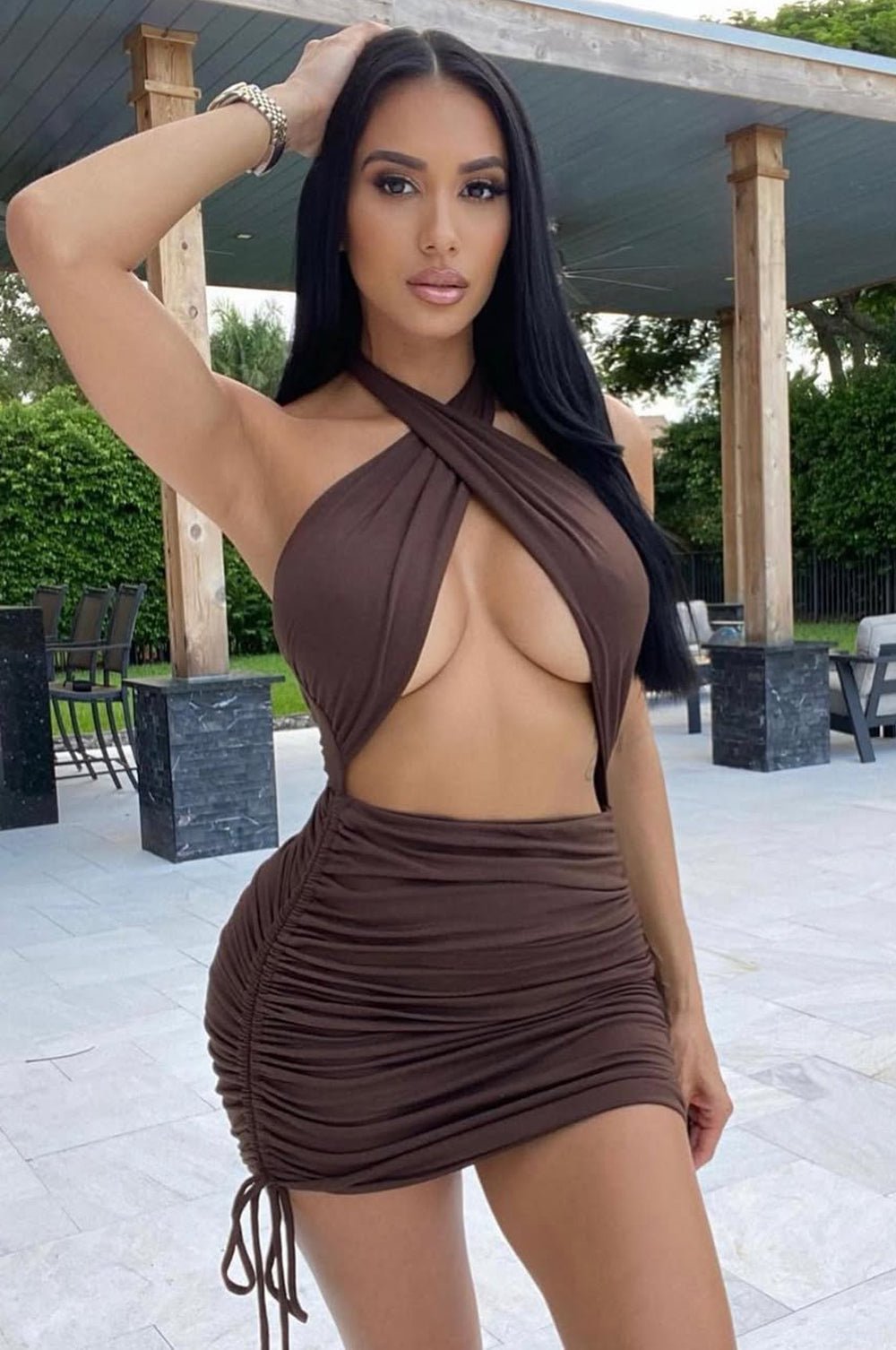 Chocolate Halter Crisscross Cut Out Ruched Dress