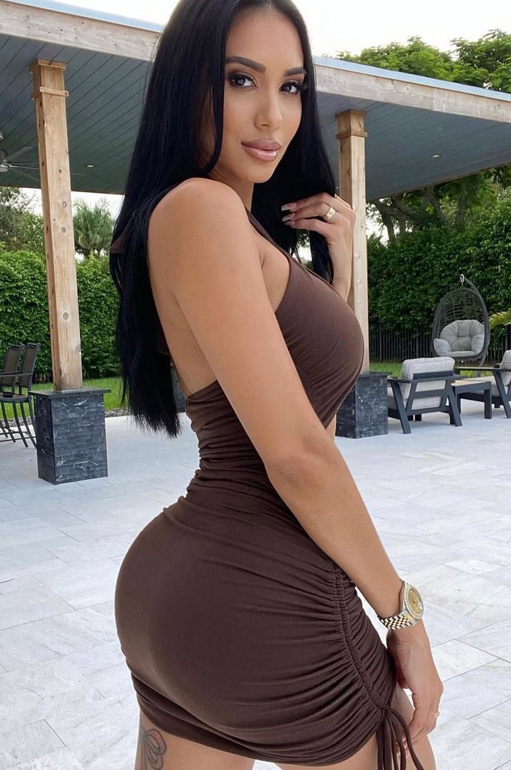 Chocolate Halter Crisscross Cut Out Ruched Dress