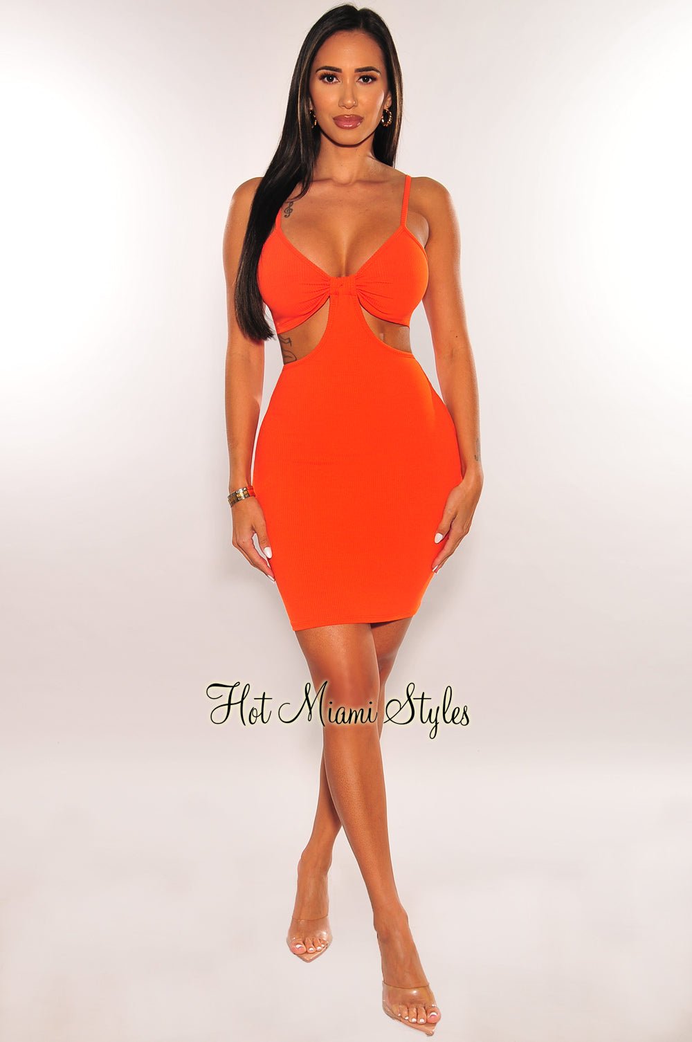 Tangerine Ribbed Spaghetti Straps Knotted Cut Out Mini Dress